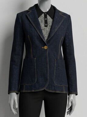 Tory Burch Women's Blue Single-Button Denim Blazer Jacket Size 14